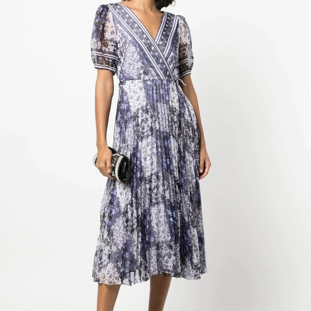 Nwt! MARCHESA NOTTE Patchwork Chiffon Wrap Dress Lilac Floral Pleated sz. 8